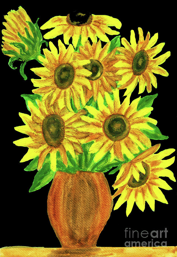 Sunflowers on black, painting #1 Painting by Irina Afonskaya