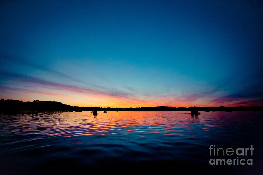 Sunrise above lake water and boat summer time Latvia Ezera skanas #1 Photograph by Raimond Klavins