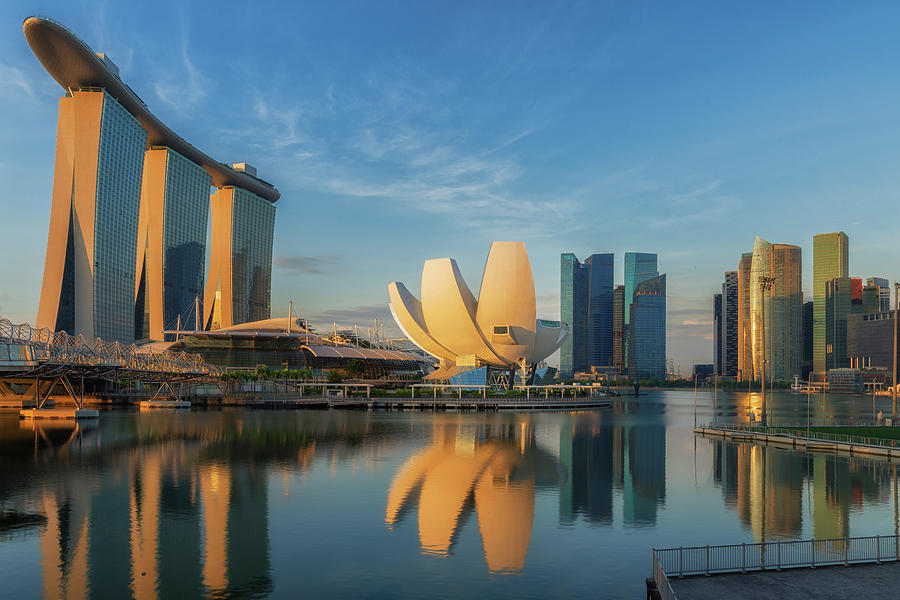 Sunrise and bridge in Singapore City with panorama view #1 Photograph by Anek Suwannaphoom