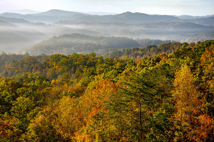 Sunrise over Great Smoky Mountains at Peak of Autumn Color #1 Photograph by Darrell Young