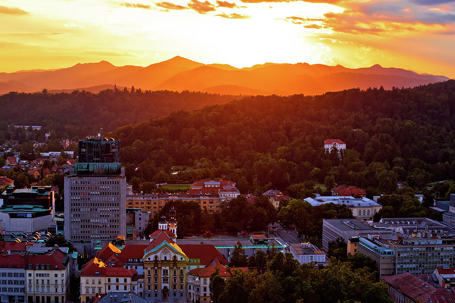 Sunset above Ljubljana aerial view #1 Photograph by Brch Photography