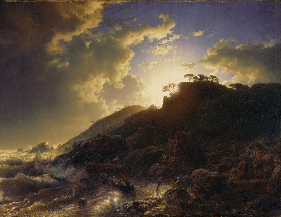 Sunset after a Storm on the Coast of Sicily #1 Painting by Andreas Achenbach
