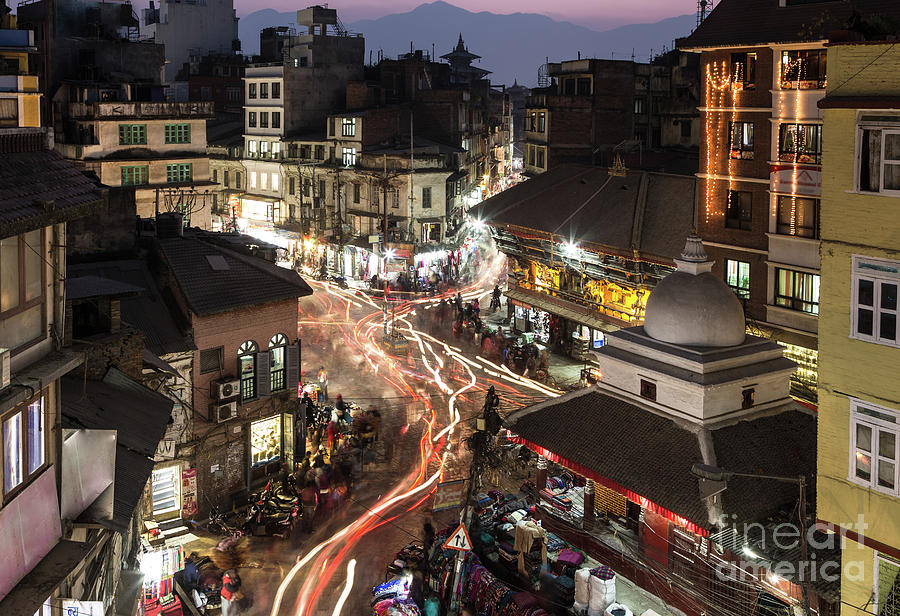 Sunset and light trails in the heart of Kathmandu old town in Ne #1 Photograph by Didier Marti