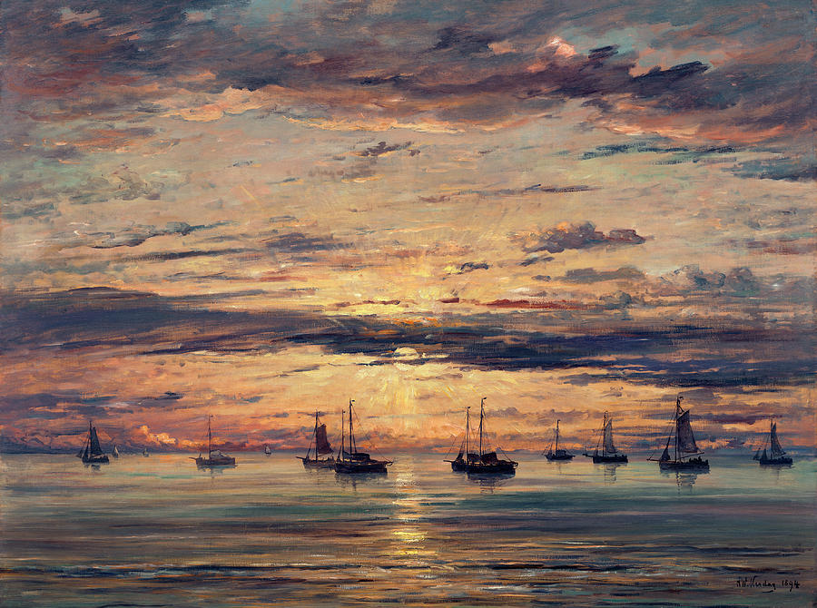 Sunset at Scheveningen,  A Fleet of Fishing Vessels at Anchor, #1 Painting by Hendrik Willem Mesdag