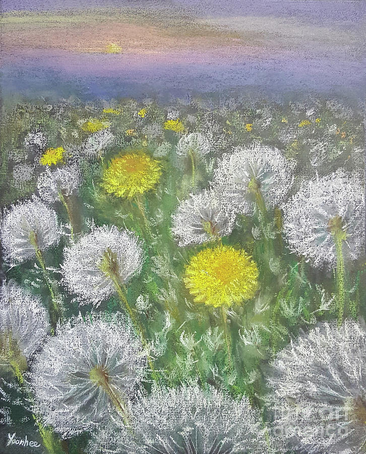 Sunset on dandelion field  #1 Pastel by Yoonhee Ko