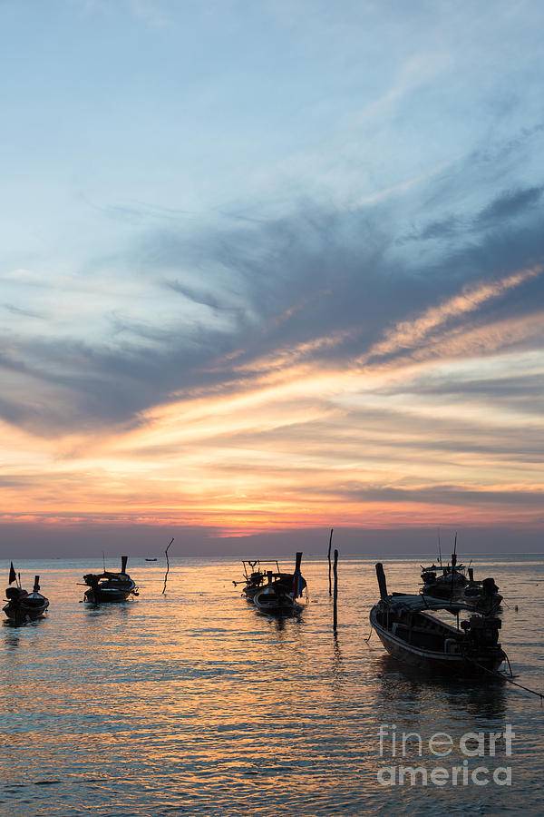 Sunset over boats in Koh Lanta in Thailand #1 Photograph by Didier Marti