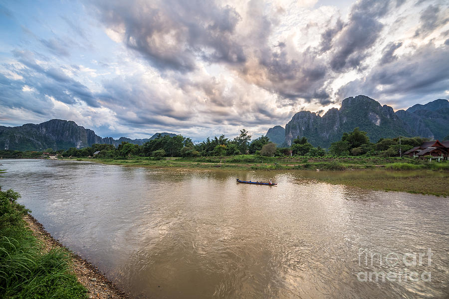 Sunset over Vang Vieng river in Laos #1 Photograph by Didier Marti