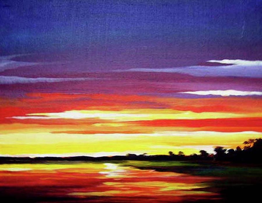 sunset on the river painting