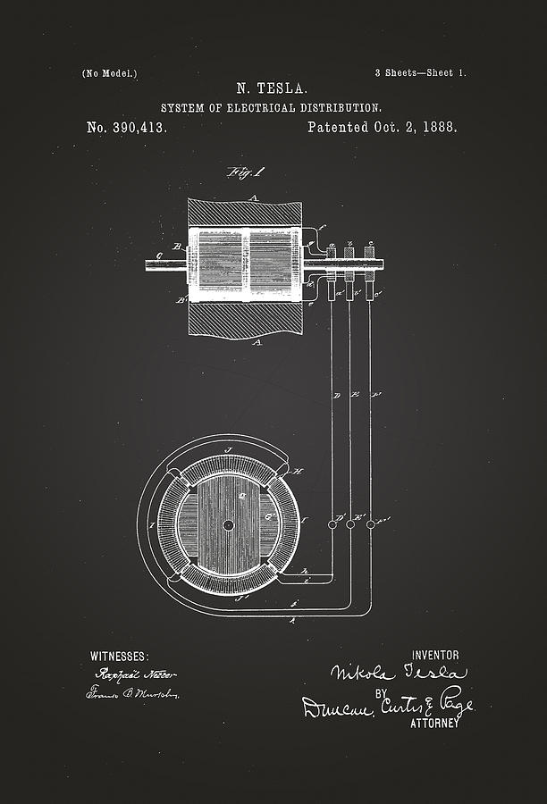 System of Electrical Distribution - Nikola Tesla Patent Drawing from ...