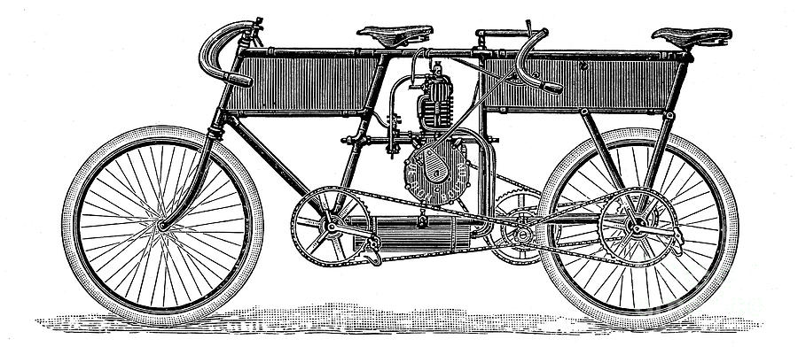Tandem Motorcycle, 1899 #1 Photograph by Granger