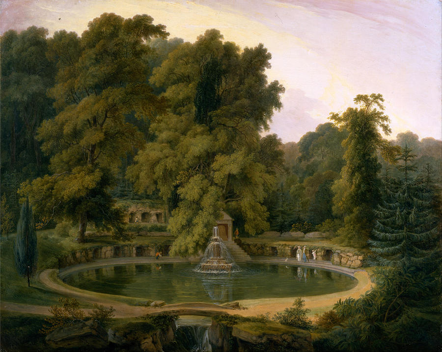 Temple Fountain and Cave in Sezincote Park #2 Painting by Thomas Daniell