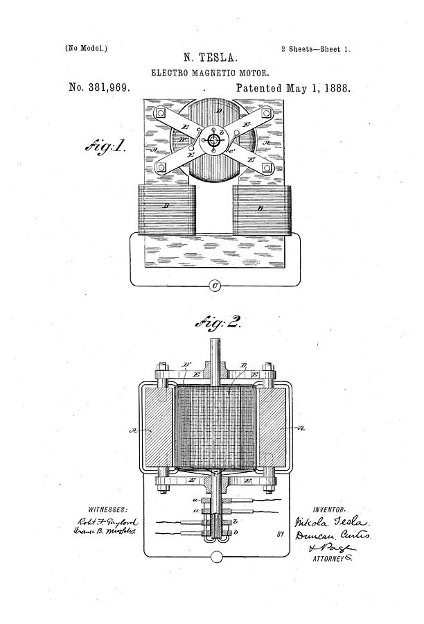 Tesla - Electro-magnetic Motor Patent Drawing From 1888 - Black And ...