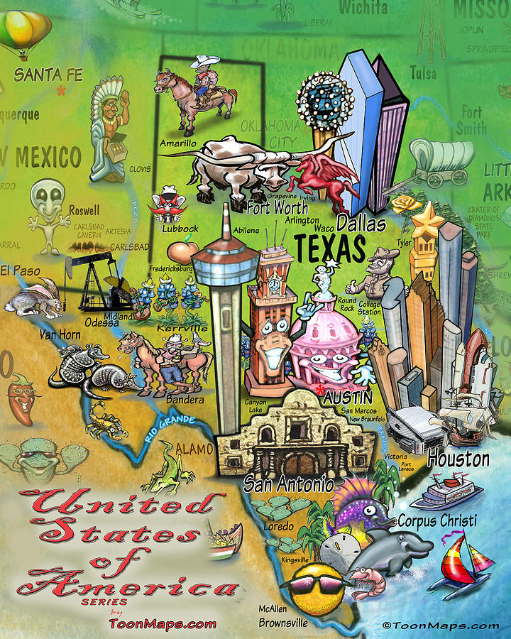 Texas Fun Map Digital Art by Kevin Middleton