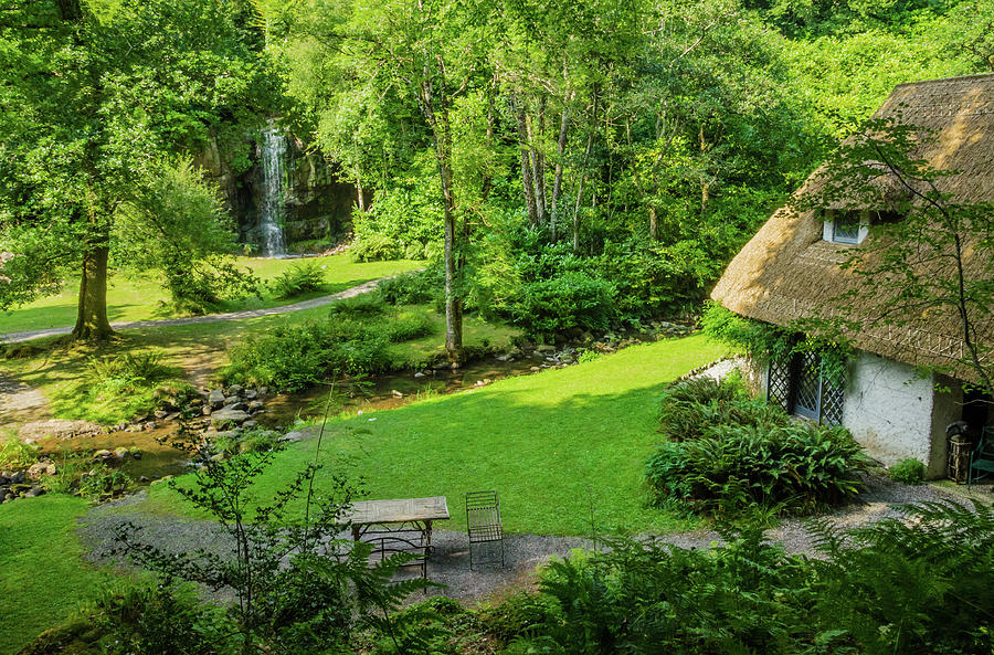 Thatched Cottage And Waterfall Photograph