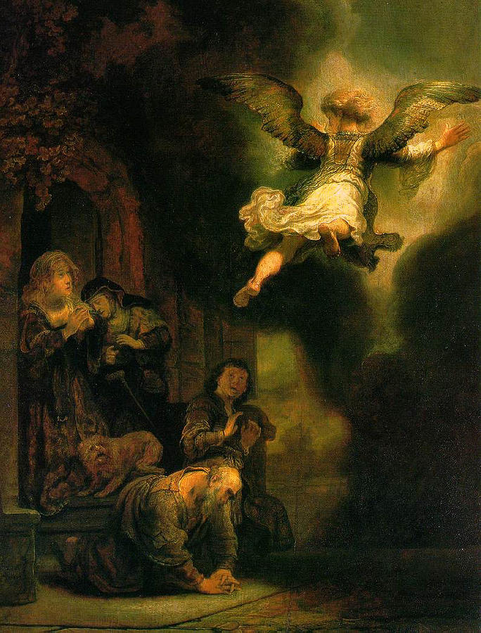 The angel Raphael leaving Tobit and his family #1 Painting by Rembrandt ...