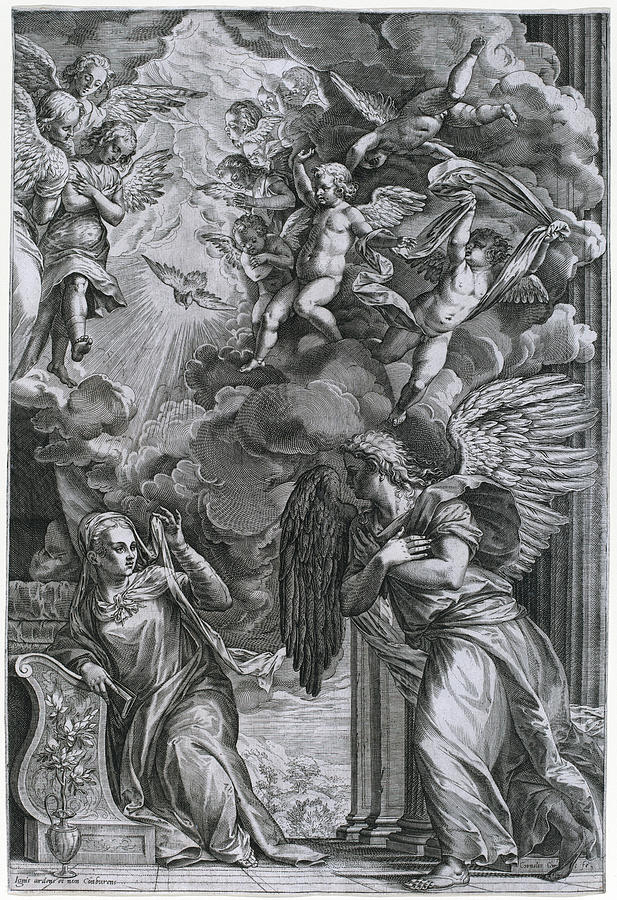 The Annunciation #2 Drawing by Cornelis Cort after Titian