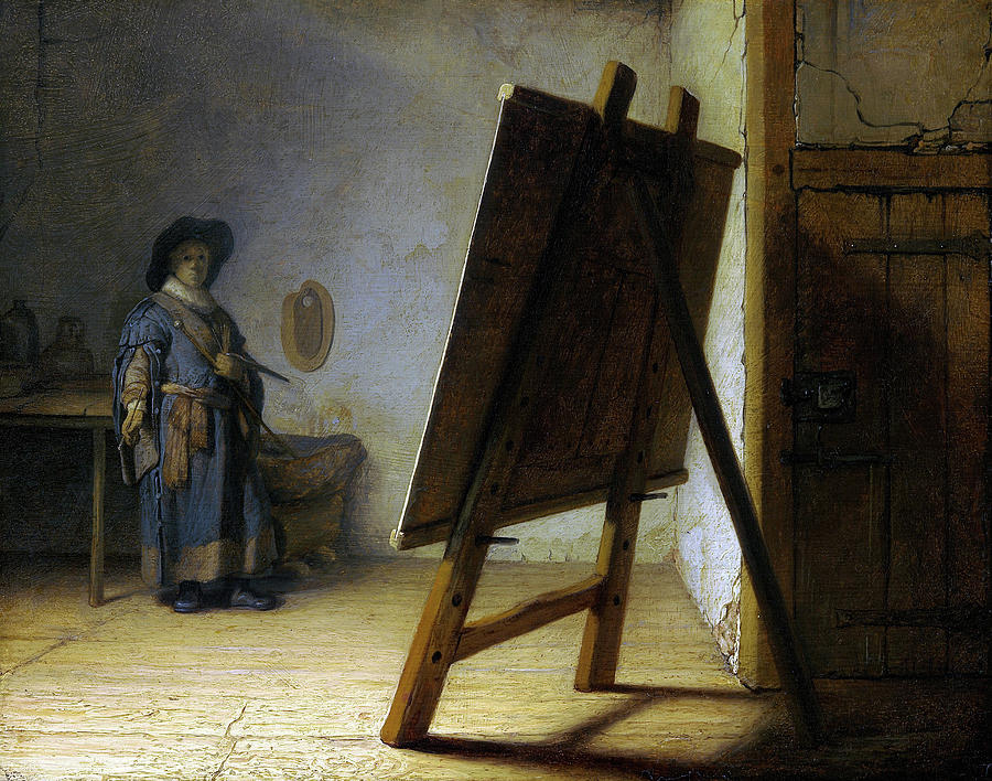 Portrait Painting - The Artist in his Studio #1 by Rembrandt van Rijn Portrait Painting - The Artist in his Studio #1 by Rembrandt van Rijn
