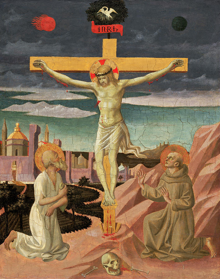 The Crucifixion with Saint Jerome and Saint Francis #1 Painting by Pesellino