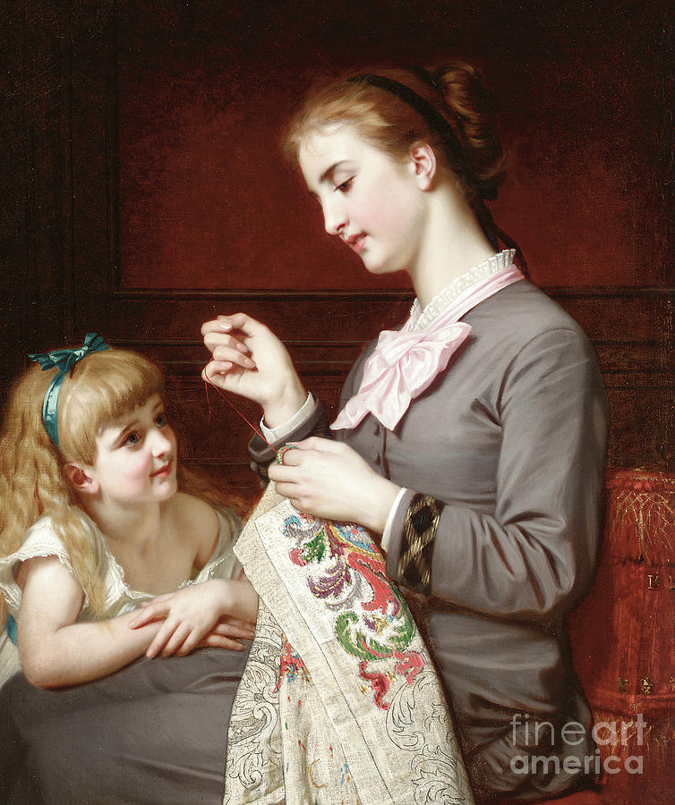 The Embroidery Lesson Painting by Hugues Merle