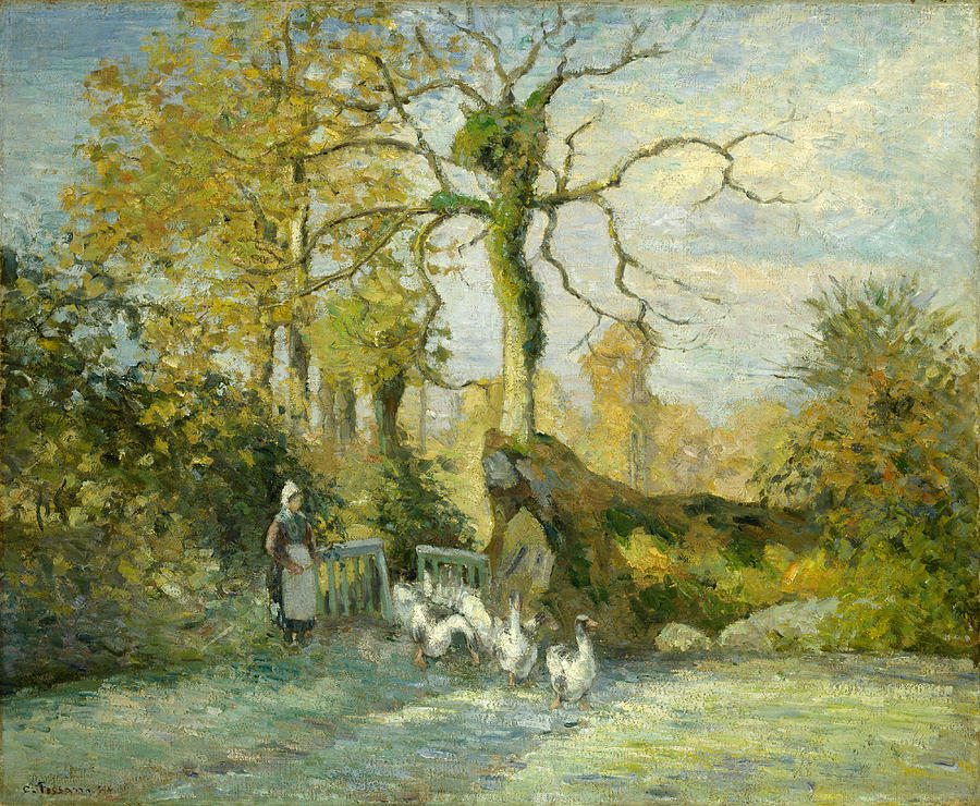 The Goose Girl at Montfoucault. White Frost #2 Painting by Camille Pissarro