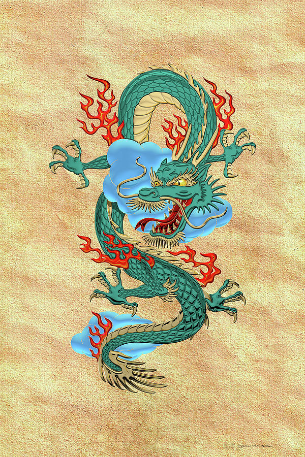 The Great Dragon Spirits - Turquoise Dragon on Rice Paper Digital Art by Serge Averbukh