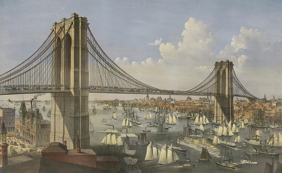 Currier And Ives Painting - The Great East River Suspension Bridge by Currier and Ives
