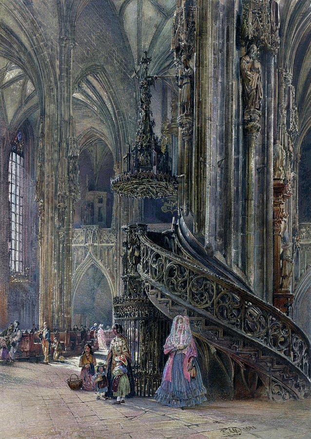 The Interior of the Cathedral of Saint Stephen at Vienna #2 Painting by Rudolf von Alt