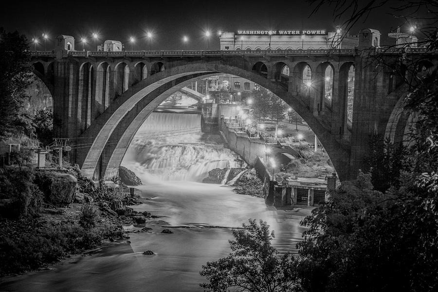 The Monroe Street Dam and bridge at night, in Spokane, Washingto #1 Photograph by Alex Grichenko