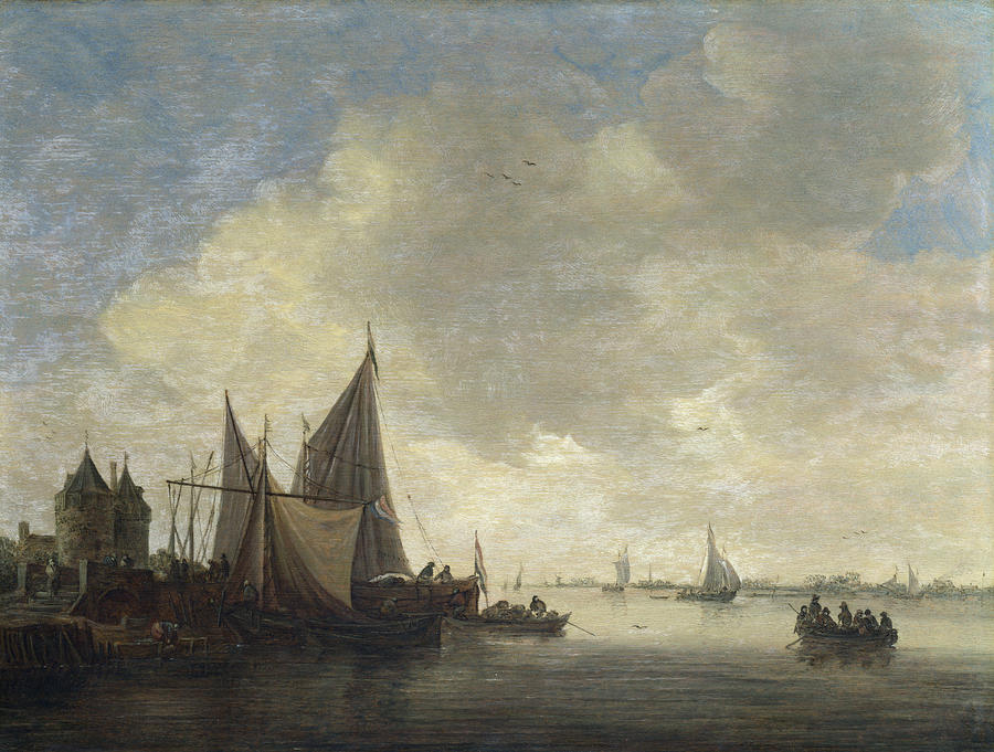 Boat Painting - The Mouth of an Estuary with a Gateway #1 by Jan van Goyen