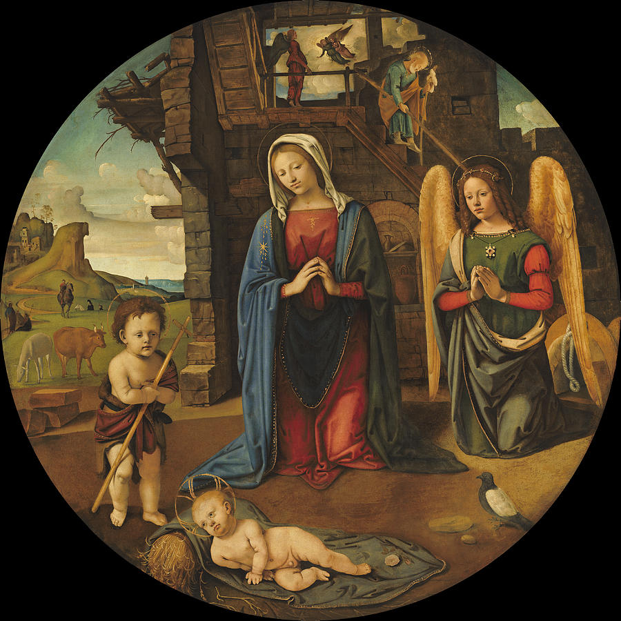The Nativity with the Infant Saint John #1 Painting by Piero di Cosimo
