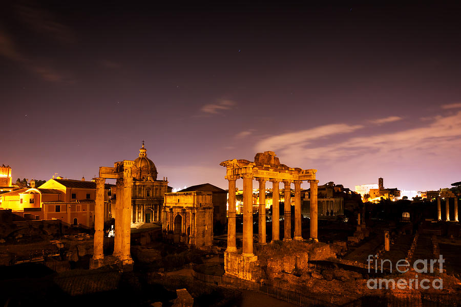 The Roman Forum, Italian Foro Romano in Rome, Italy at night #1 Photograph by Michal Bednarek