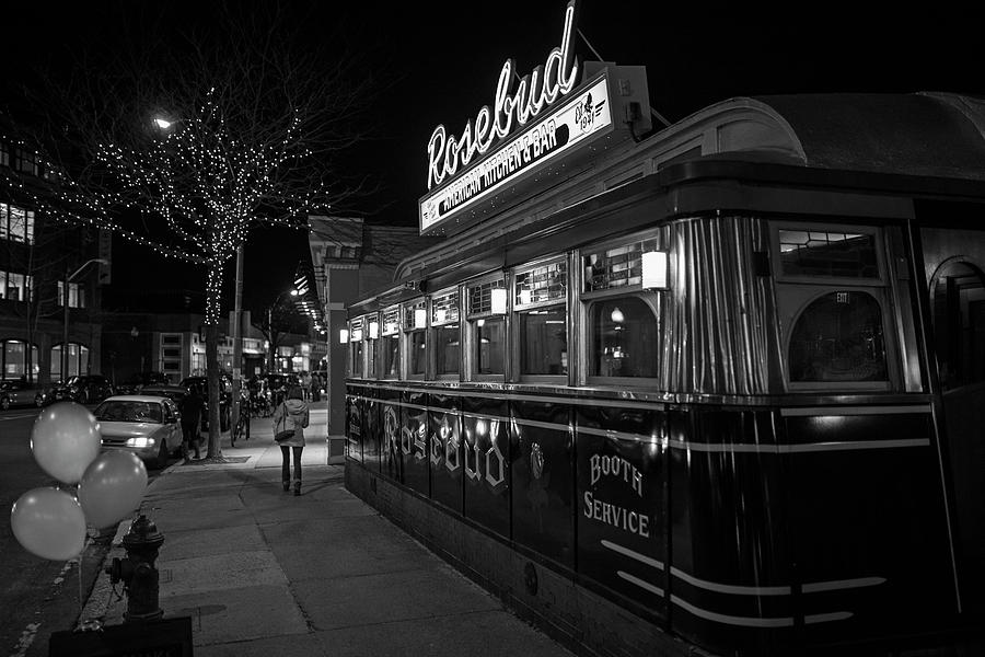 The Rosebud Diner Davis Square Somerville MA Balloons Black and White Photograph by Toby McGuire