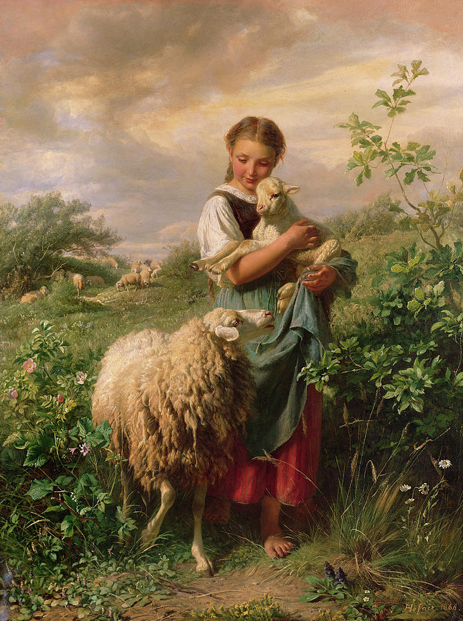 Animal Painting - The shepherdess  #1 by Johann Baptist Hofner