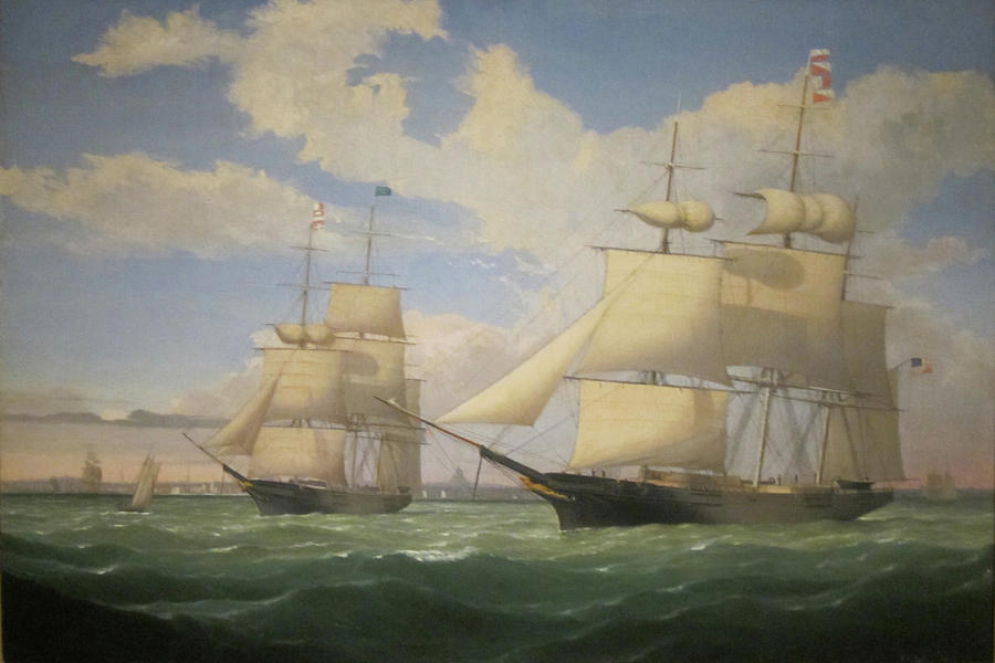 The Ships Winged Arrow and Southern Cross in Boston Harbor by Fitz Henry Lane 1853 #2 Painting by Fitz Henry Lane