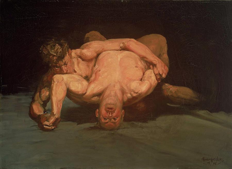 Two Painting - The Wrestlers by George Benjamin Two Painting - The Wrestlers by George Benjamin