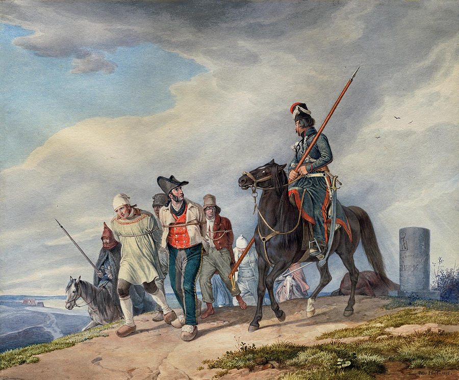  Three Armed Riders Escorting Prisoners near Reims #1 Painting by Peter von Hess