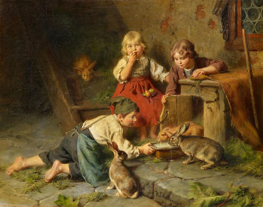 Three Children Feeding Rabbits Painting by Felix Schlesinger - Fine Art ...