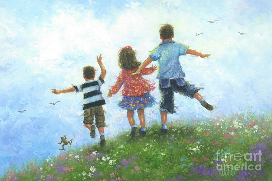 Three Children Painting - Three Children Leaping #1 by Vickie Wade