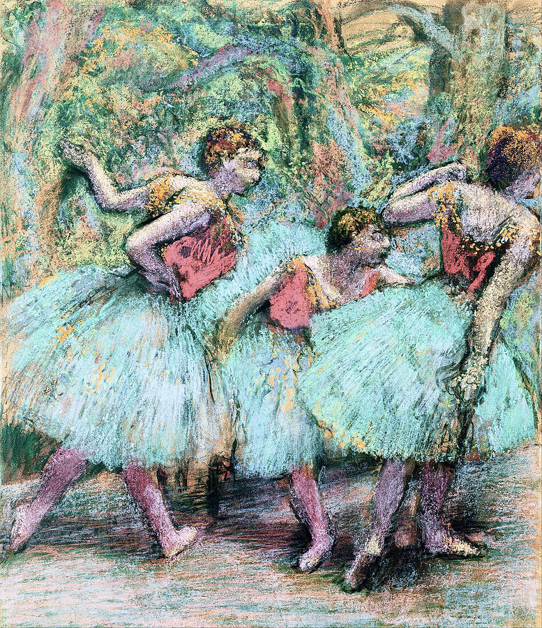 Ballet Pastel - Three Dancers-Blue Tutus, Red Bodices #1 by Edgar Degas