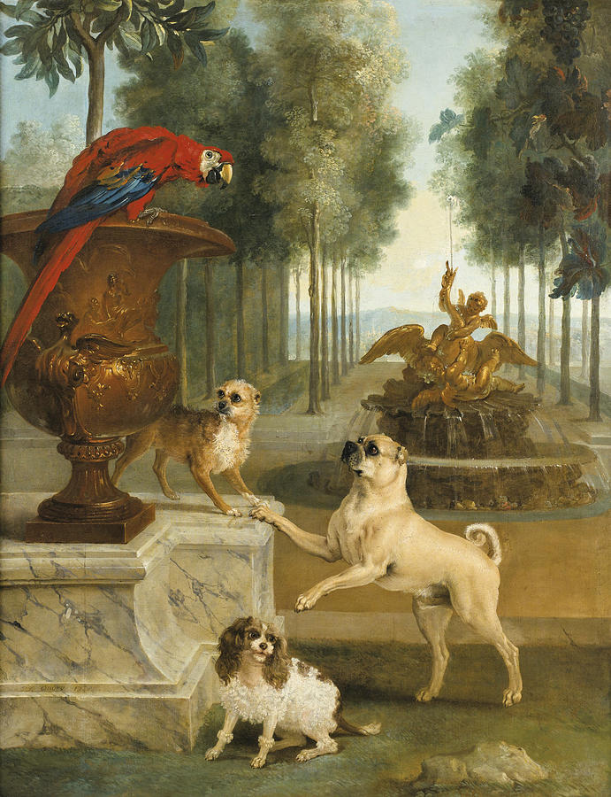 Three Dogs and a Macaw in a Park #1 Painting by Jean-Baptiste Oudry