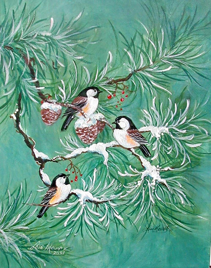 Three Little Chickadees in Pine #1 Painting by Lois Mountz