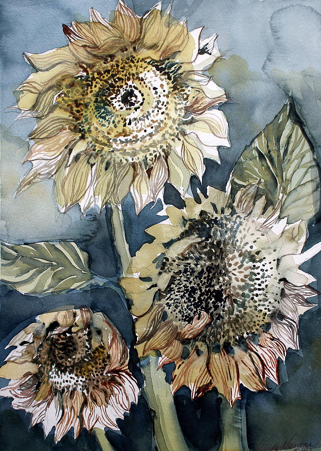 Flower Drawing - Three Sunflowers #1 by Mindy Newman