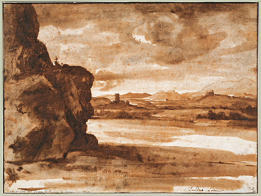 Tiber Landscape North of Rome with Dark Cloudy Sky #2 Drawing by Claude Lorrain