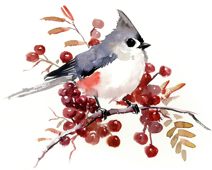 Titmouse Painting - titmouse and Berries #1 by Suren Nersisyan