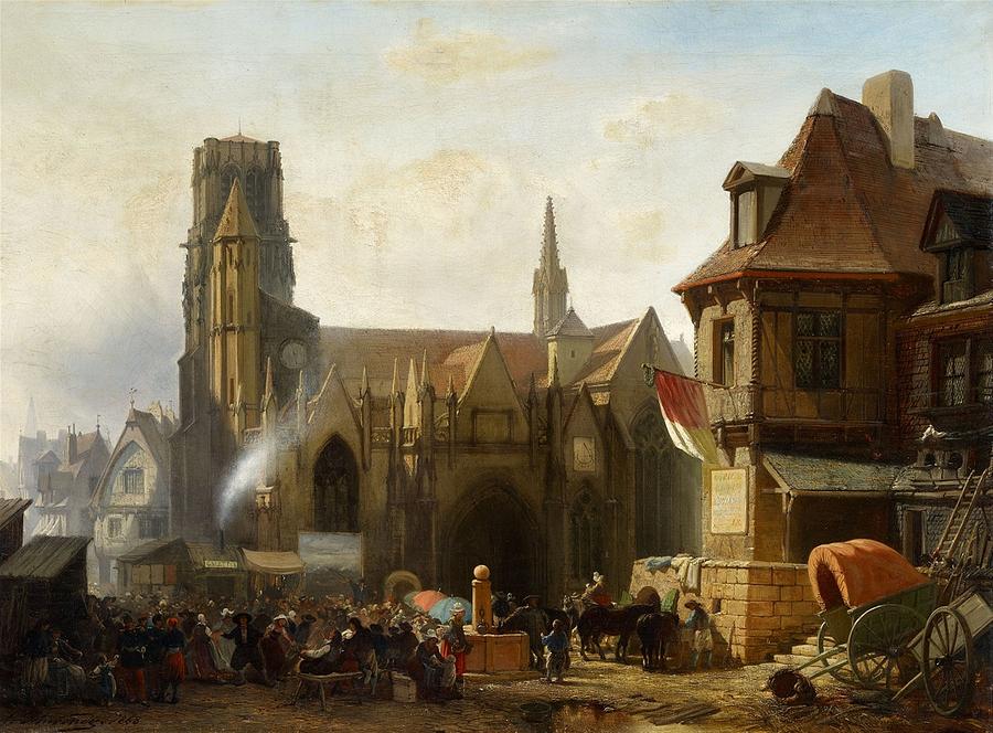 Town Fair by a Gothic Church in France #1 Painting by Albert Schwendy