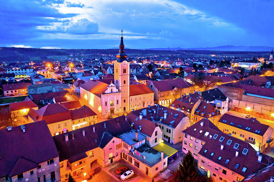 Town of Krizevci aerial panoramic night view #1 Photograph by Brch Photography