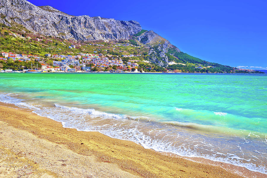 Town of Omis sand beach and Biokovo mountain coastline view #1 Photograph by Brch Photography