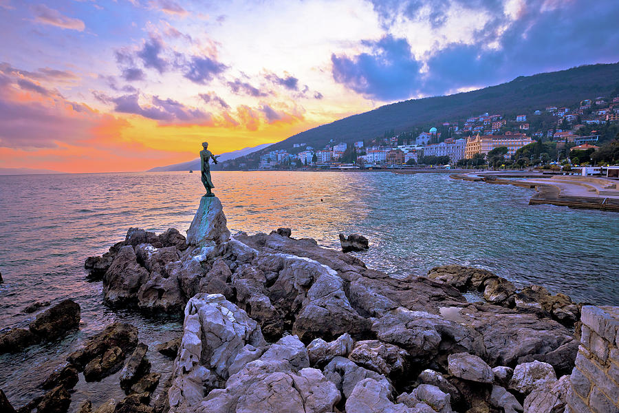 Town of Opatija waterfront sunset #1 Photograph by Brch Photography