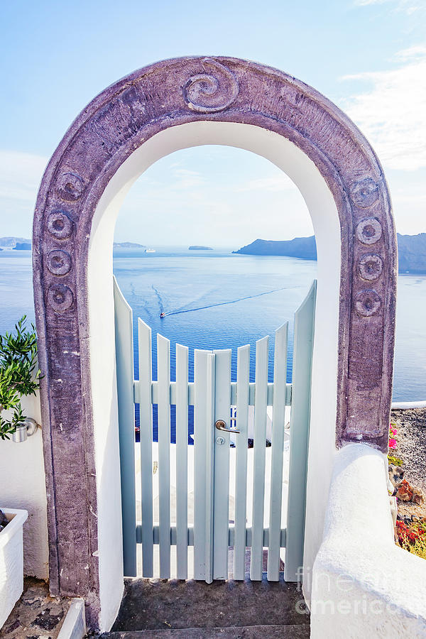 Traditional fence gate in Oia on Santorini island, Greece #1 Photograph by Michal Bednarek