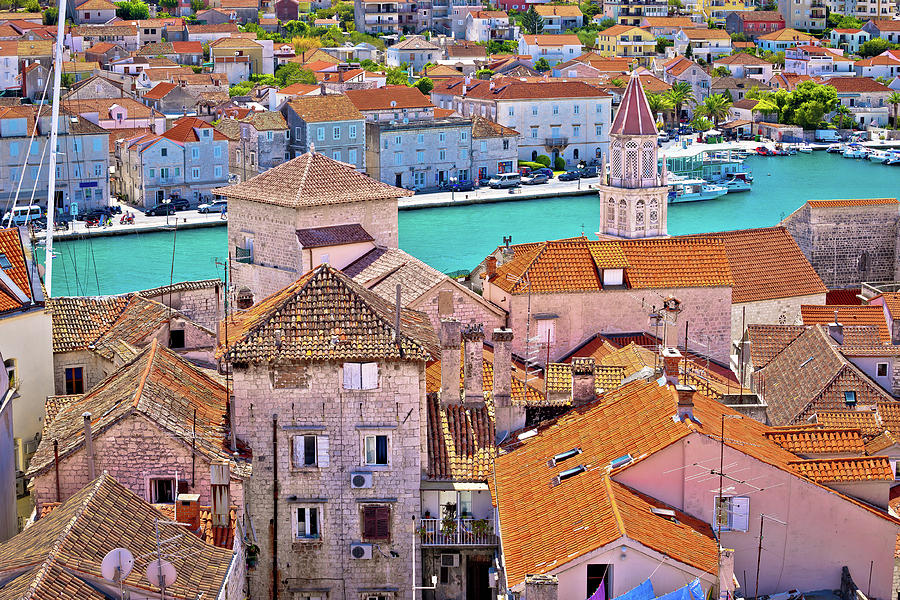 Trogir landmarks rooftops and turquoise sea view #1 Photograph by Brch Photography